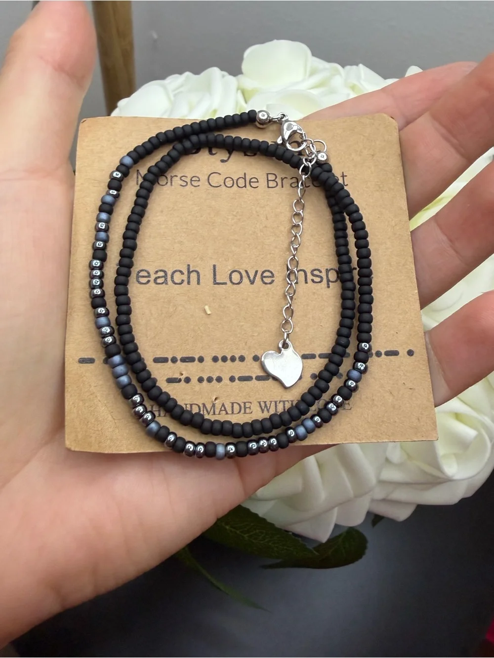 Handmade Black Beaded bracelet with Silver Heart Charm